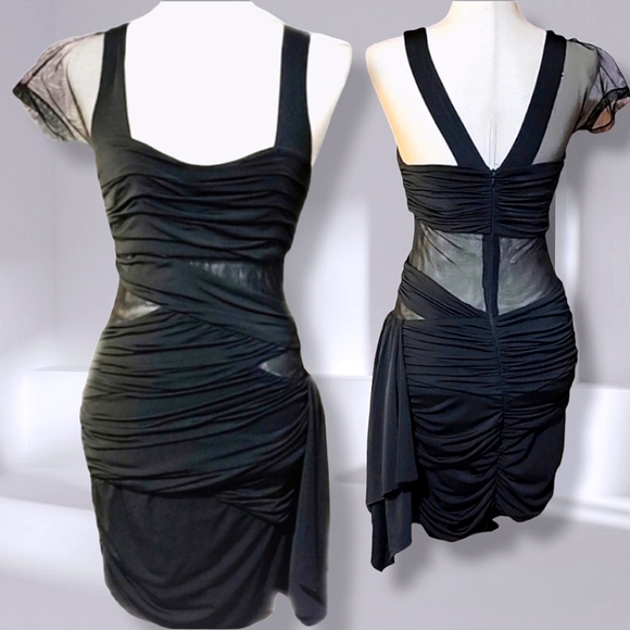 Sexy Black Asymmetrical Bandage-style Mini Dress with Sheer Panels, size 5 - Picture 1 of 15